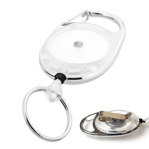 Obrazek White translucent carabiner ID badge reel with belt clip and key ring. 60270198 (DE,SE,NO,FI,RO,PL)