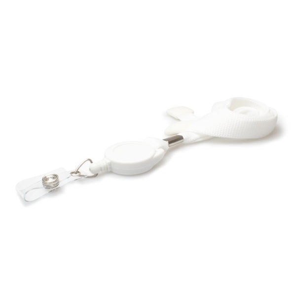 Obrazek White 16 mm tubular breakaway lanyards with attached yoyo card reel and clear vinyl strap. 60270642 (DE,SE,NO,FI,RO,PL)