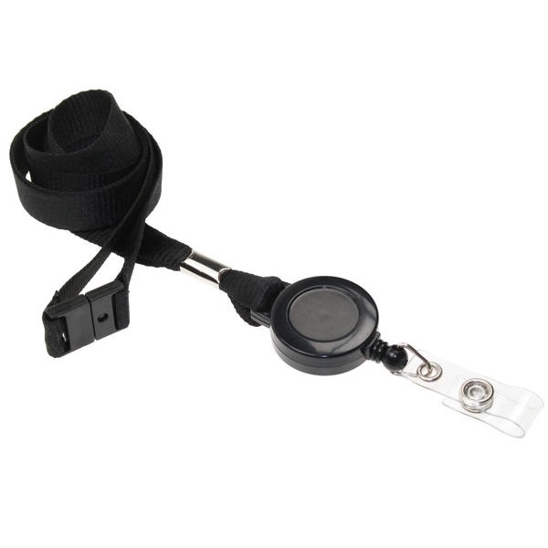 Obrazek Black 15 mm recycled plain lanyards with yoyo card reel and clear vinyl strap. 60270621 (DE,SE,NO,FI,RO,PL)