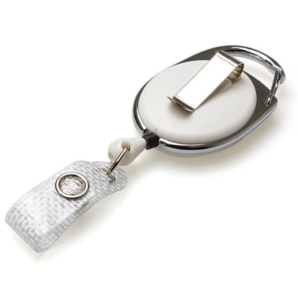 Obrazek White carabiner ID badge reel with belt clip and with reinforced strap and Recess. 60270231 (DE,SE,NO,FI,RO,PL)