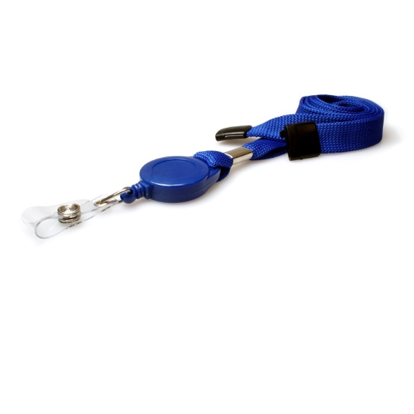 Obrazek Blue 16 mm flat tubular breakaway lanyards with attached yoyo card reel and clear vinyl strap. 60270638 (DE,SE,NO,FI,RO,PL)