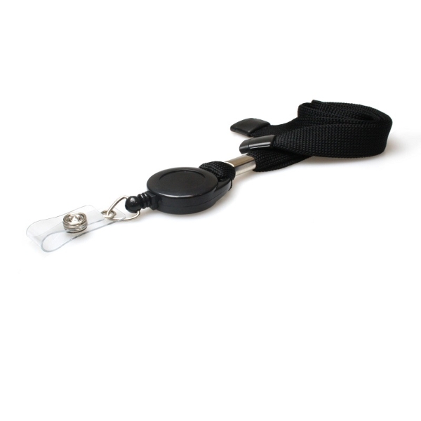 Obrazek Black 16 mm flat tubular breakaway lanyards with attached yoyo card reel and clear vinyl strap. 60270631 (DE,SE,NO,FI,RO,PL)