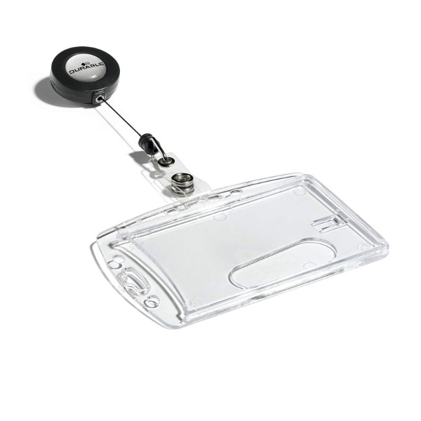 Obrazek Durable Identity ID Badge/Badge Holder with badge reel. Enclosed card holder / carrying case rigid plastic (horizontal/landscape or vertical/portrait) with badge reel. 60270296 (DE,SE,NO,FI,RO,PL)