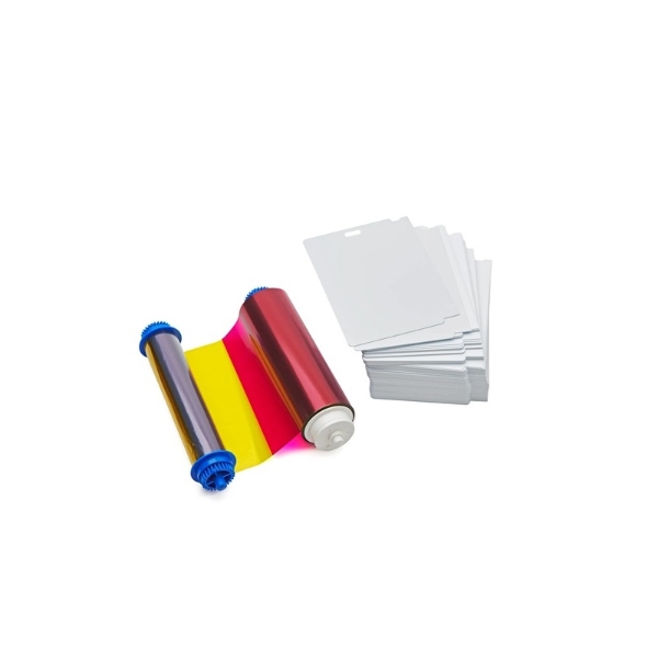 Obrazek Zebra ZC10L color ribbon/dye film (YMC0) and cards with 1 slot / oval hole. Zebra 106000-10L1 - 400 prints and 400 cards. ZEB-106000-10L1 (DE,SE,NO,FI,RO,PL)